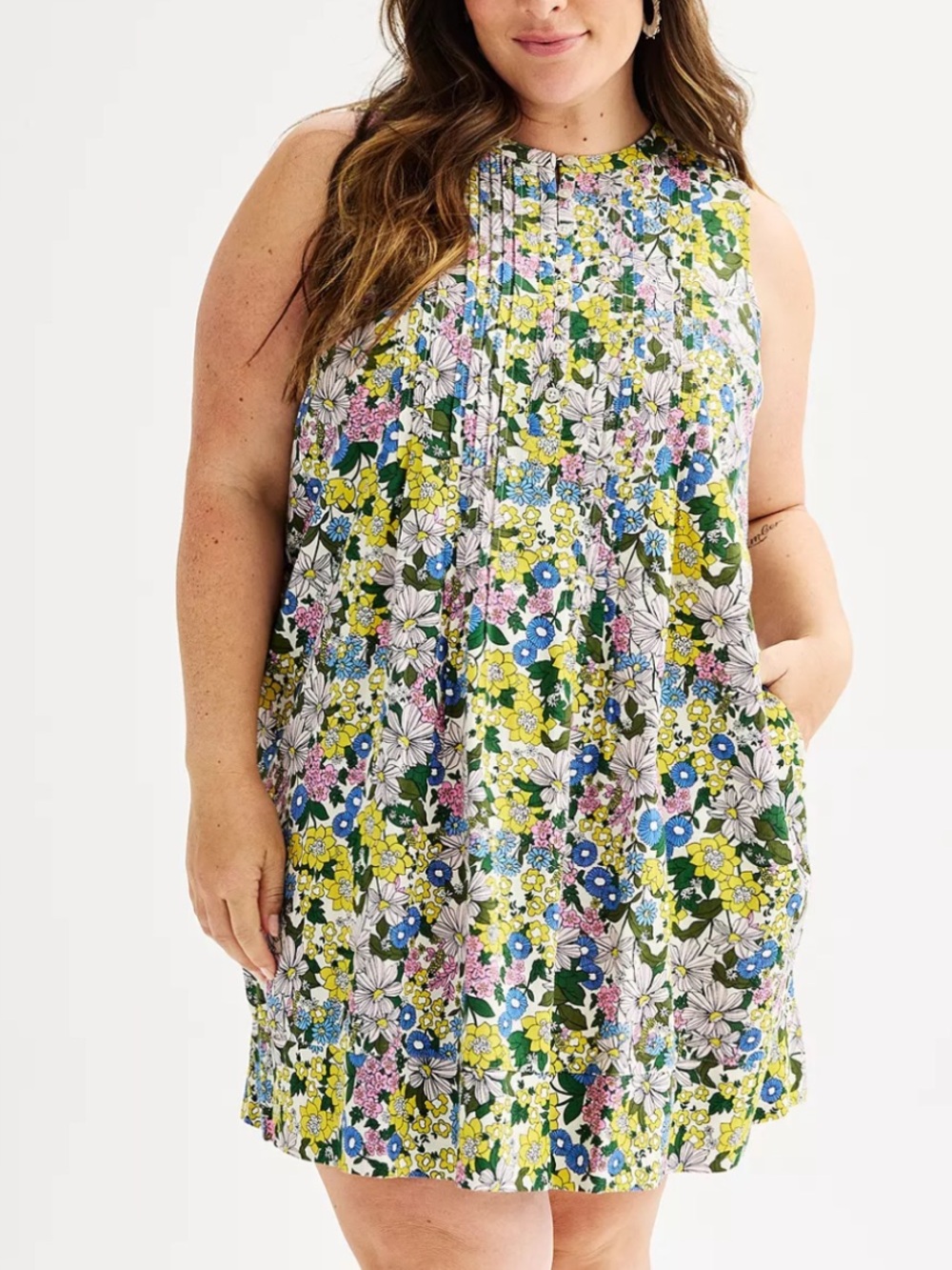 Sonoma Women Plus Size 3X Floral Linen Blend Sleeveless Pintuck Mini Dress NWT